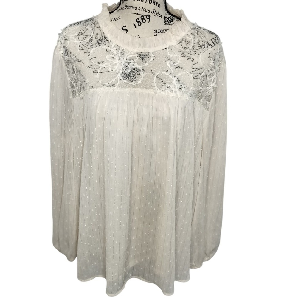 Sweet Rain Cream Lace Yoke Swiss Dot Metallic Stripe Blouse Keyhole Button 1X